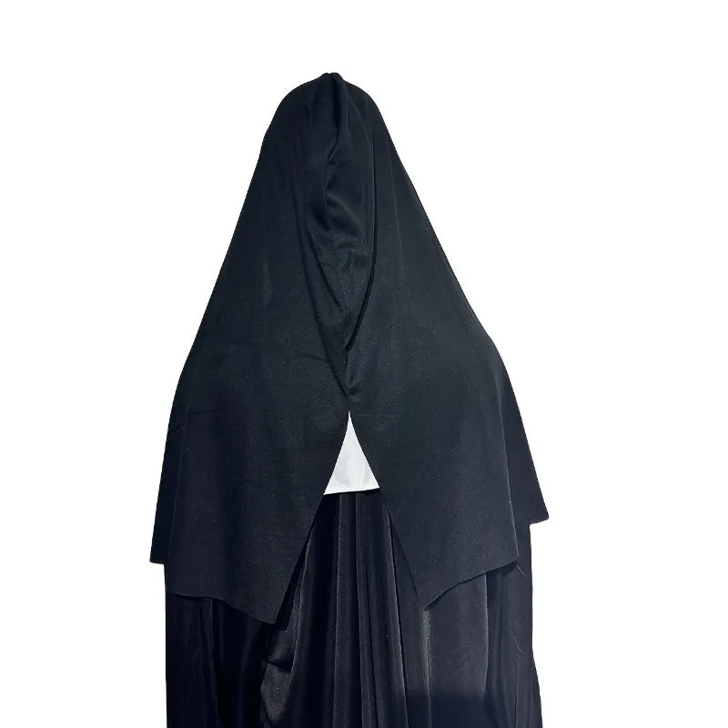 A black fabric hood or veil is displayed against a white background.