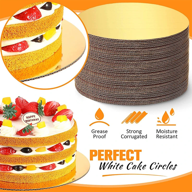Round cardboard cake circles stacked in a cylindrical form with features like grease proofing and moisture resistance