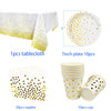A set of white and gold disposable party tableware including a tablecloth, plates, napkins, and cups with a dot pattern.