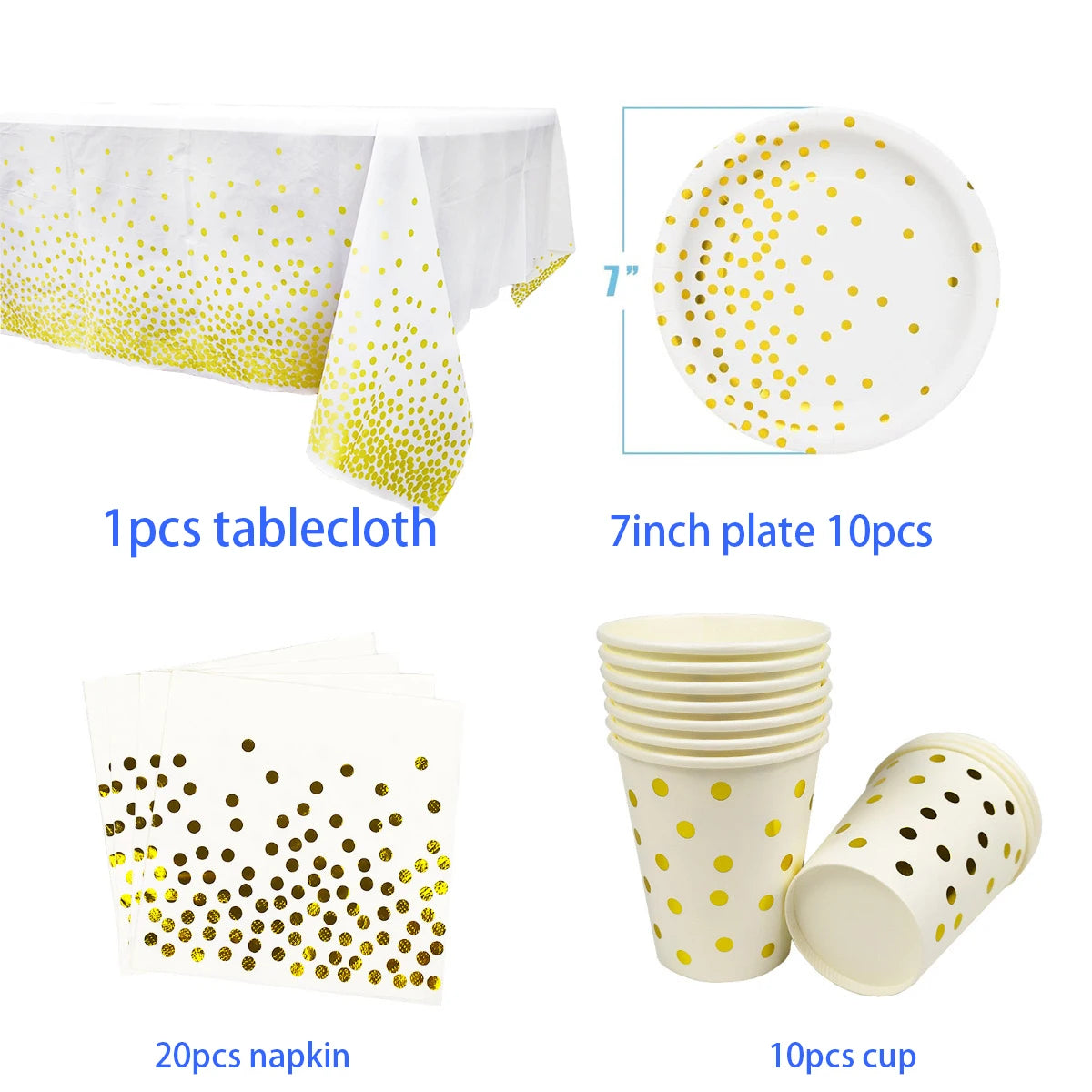 A set of white and gold disposable party tableware including a tablecloth, plates, napkins, and cups with a dot pattern.