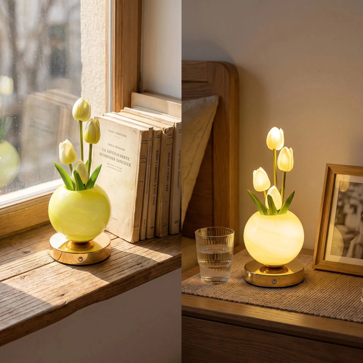 A yellow LED night light featuring white tulips on a wooden surface next to a stack of books.
