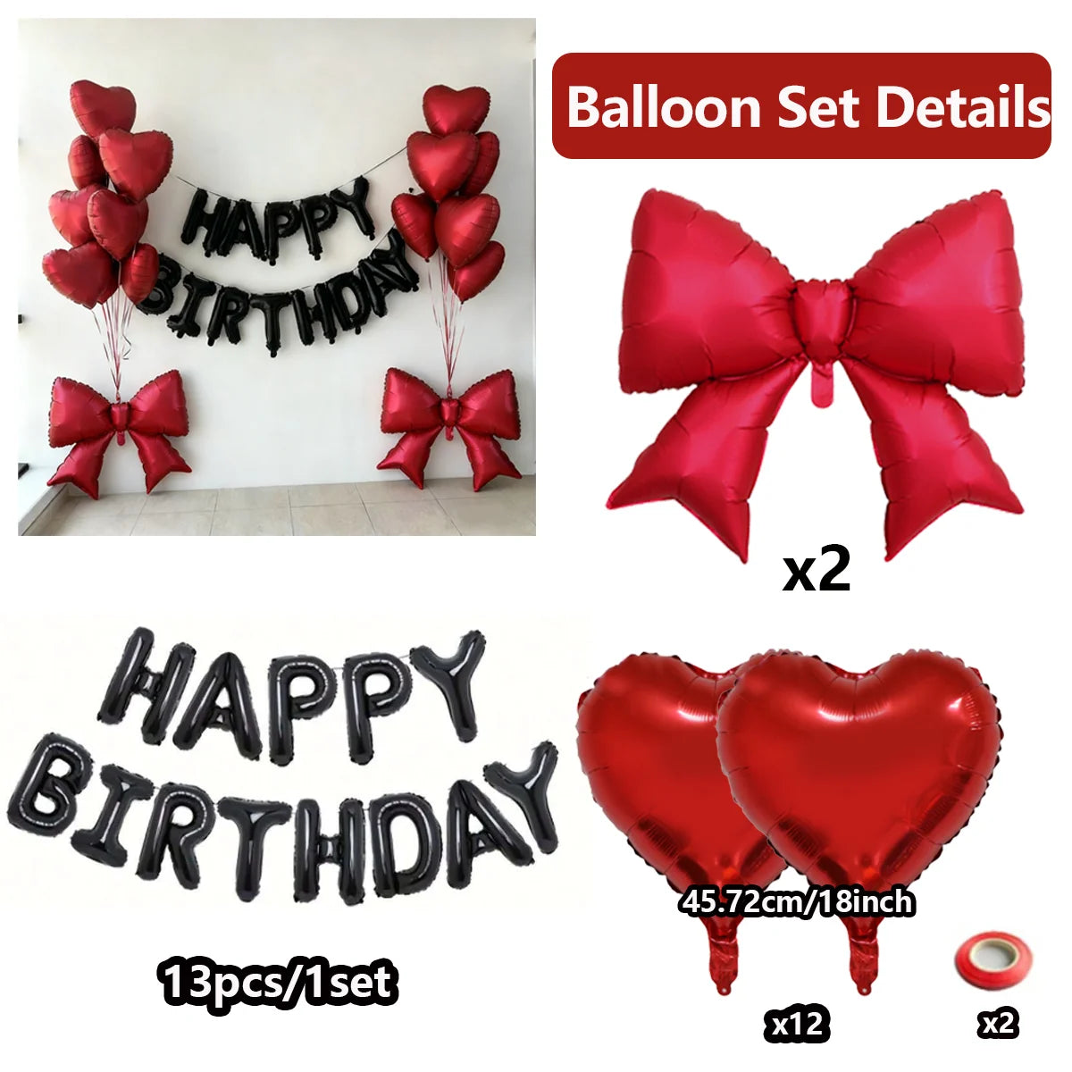 A set of 13 black heart balloons and a set of 2 red heart balloons for birthday decorations