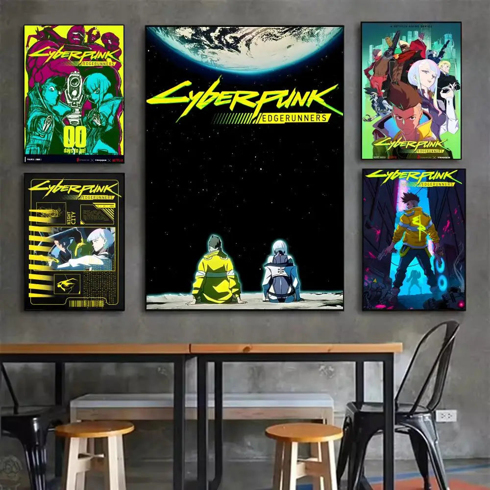 A set of three posters featuring characters and artwork from the Cyberpunk Edgerunners series against a dark background.