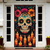 A door cover featuring a vibrant sugar skull design with colorful flowers and skulls.