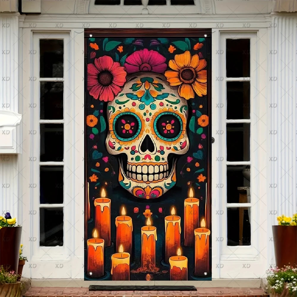 A door cover featuring a vibrant sugar skull design with colorful flowers and skulls.