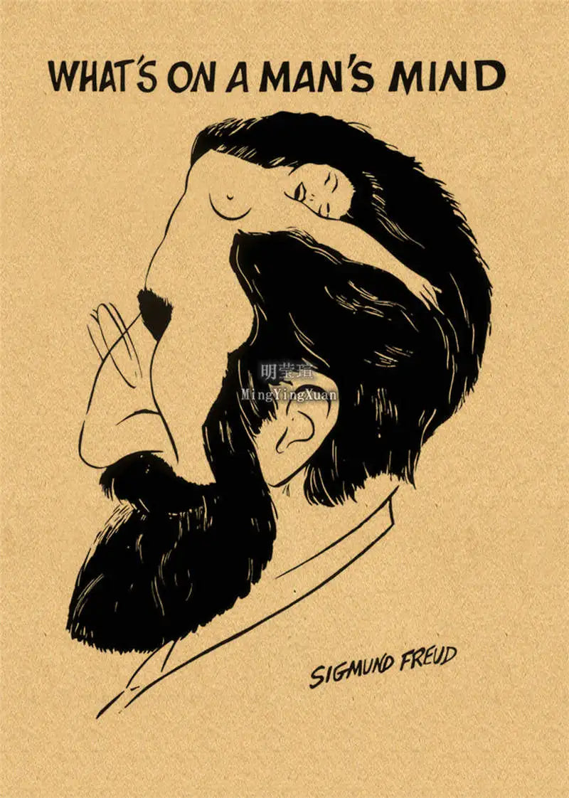A black and white line drawing of a man's profile with a beard, titled What's on a Man's Mind.