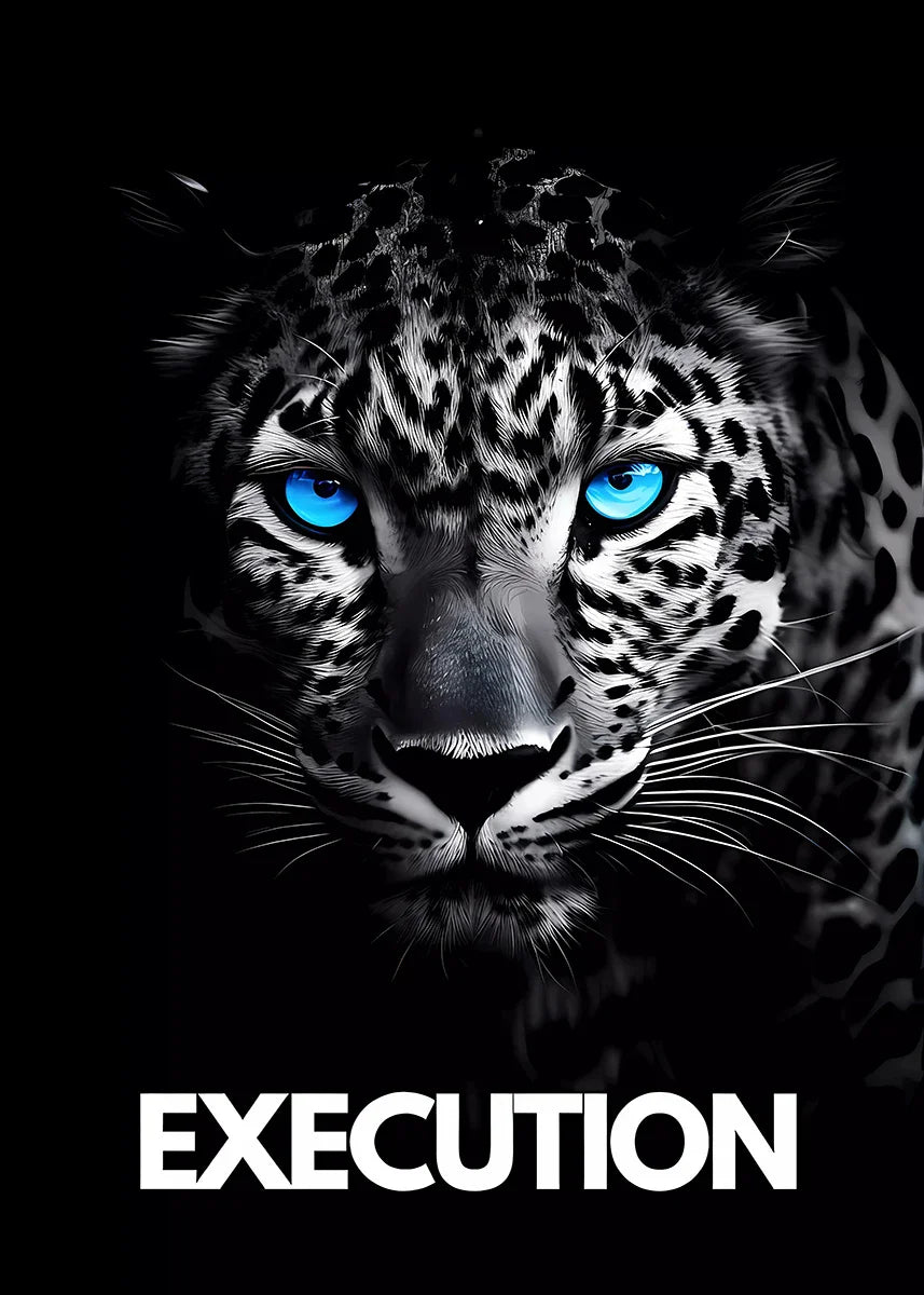 A close-up portrait of a leopard with striking blue eyes against a black background.
