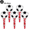 A pack of ten black and white latex soccer ball balloons with red and white patterned stems.