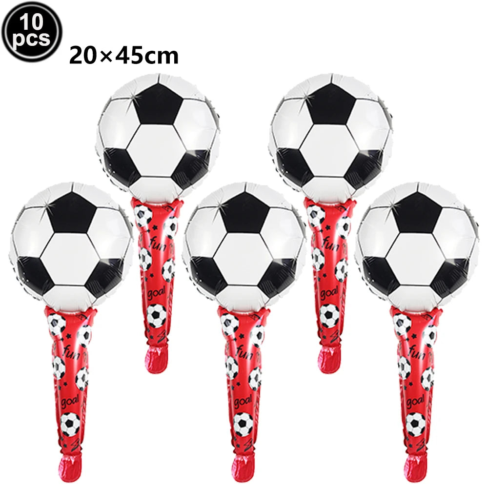 A pack of ten black and white latex soccer ball balloons with red and white patterned stems.