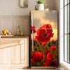 A modern refrigerator with a floral design decal featuring red poppies against a soft, warm background.