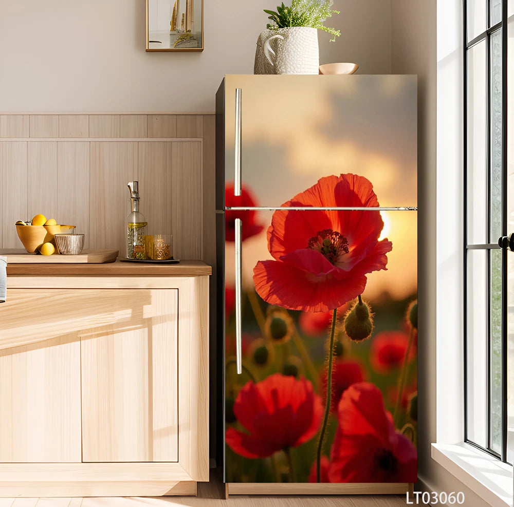 A modern refrigerator with a floral design decal featuring red poppies against a soft, warm background.
