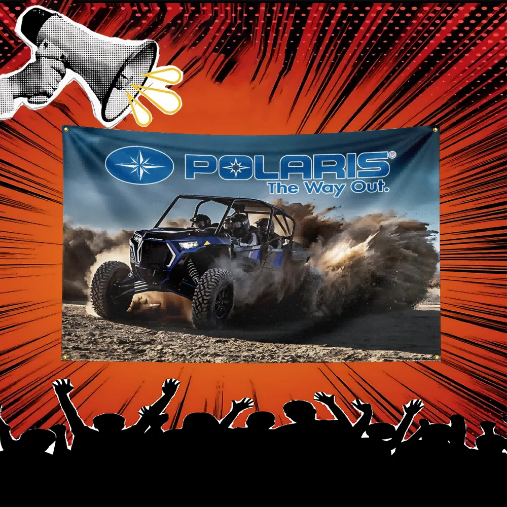 A banner featuring a Polaris off-road vehicle driving through dust, with an audience cheering below.