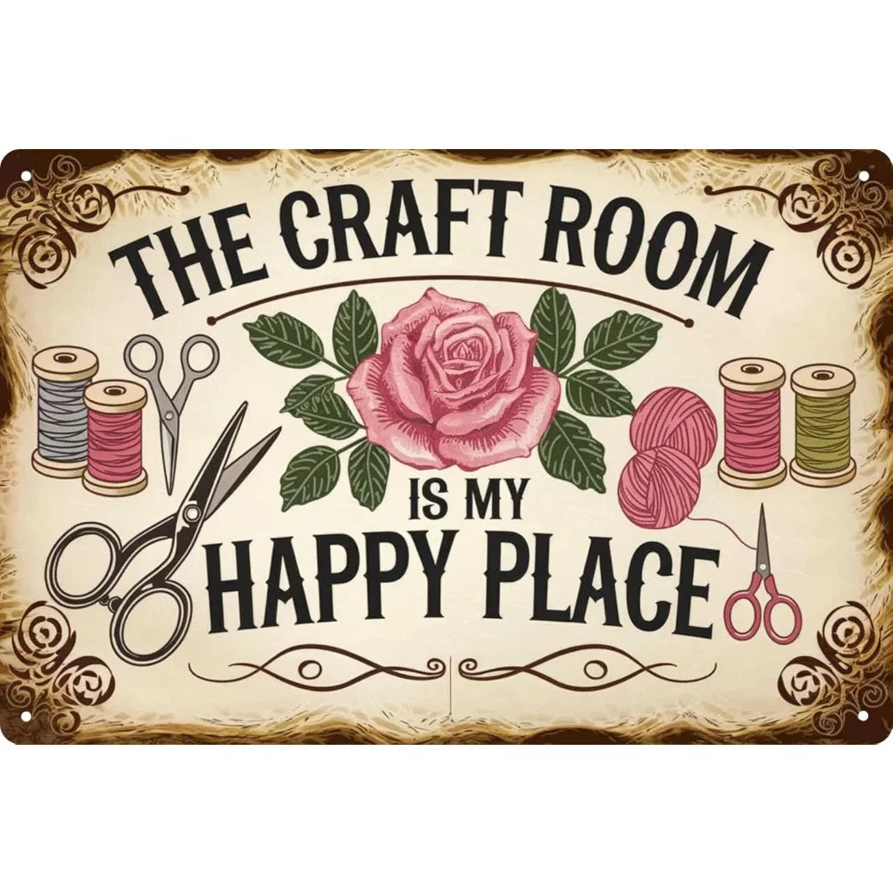 A vintage metal sign with the text The Craft Room is my happy place surrounded by roses and gardening tools.