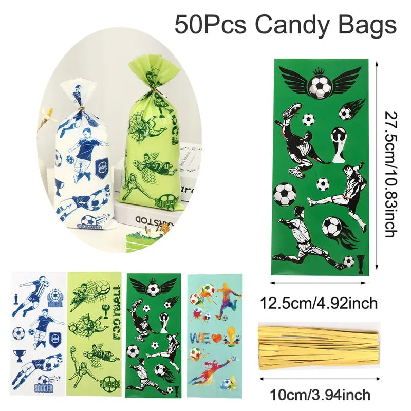 50 pieces of green candy bags decorated with soccer themes and various sports motifs