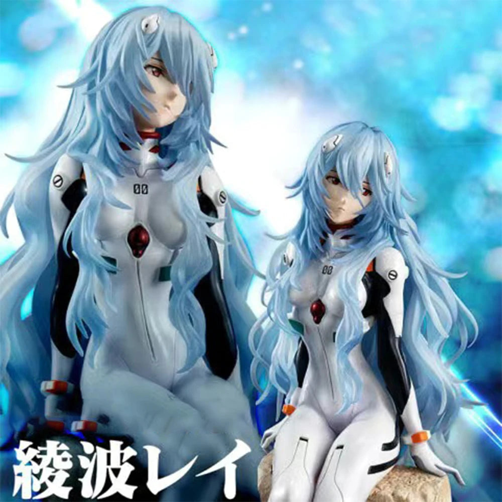 Anime portrait PVC figure of a female character with long light blue hair and white armor set against a blue background