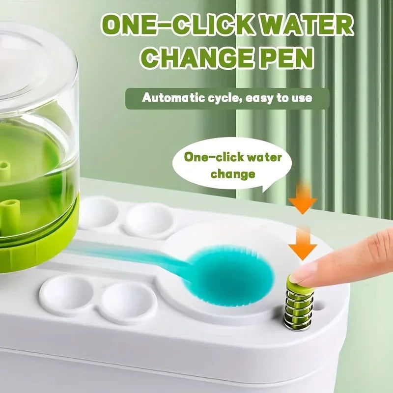 A hand is using a one-click water change pen on a white device to clean a watercolor brush.