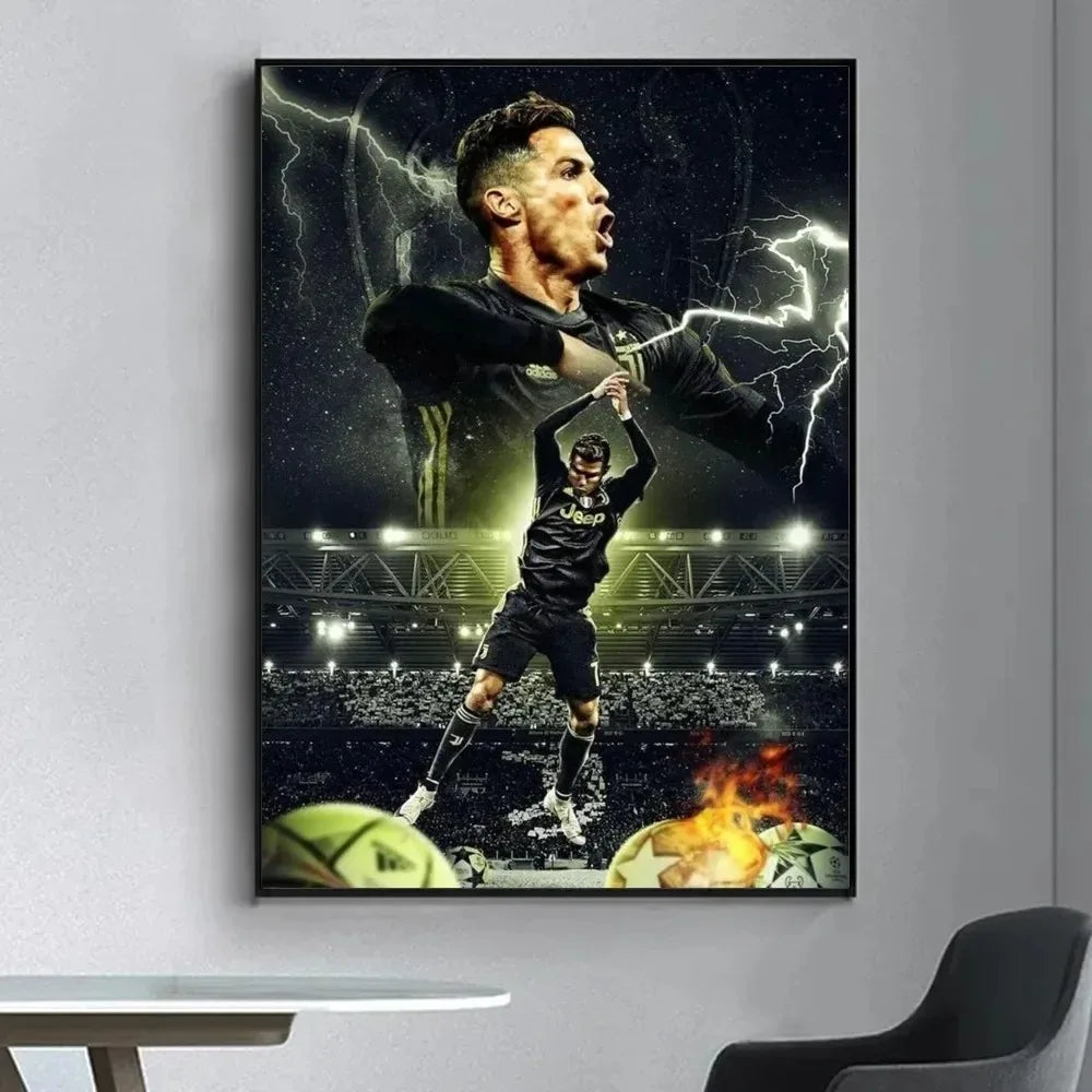 A dramatic canvas wall art featuring a football player with lightning effects and a soccer ball in the foreground.