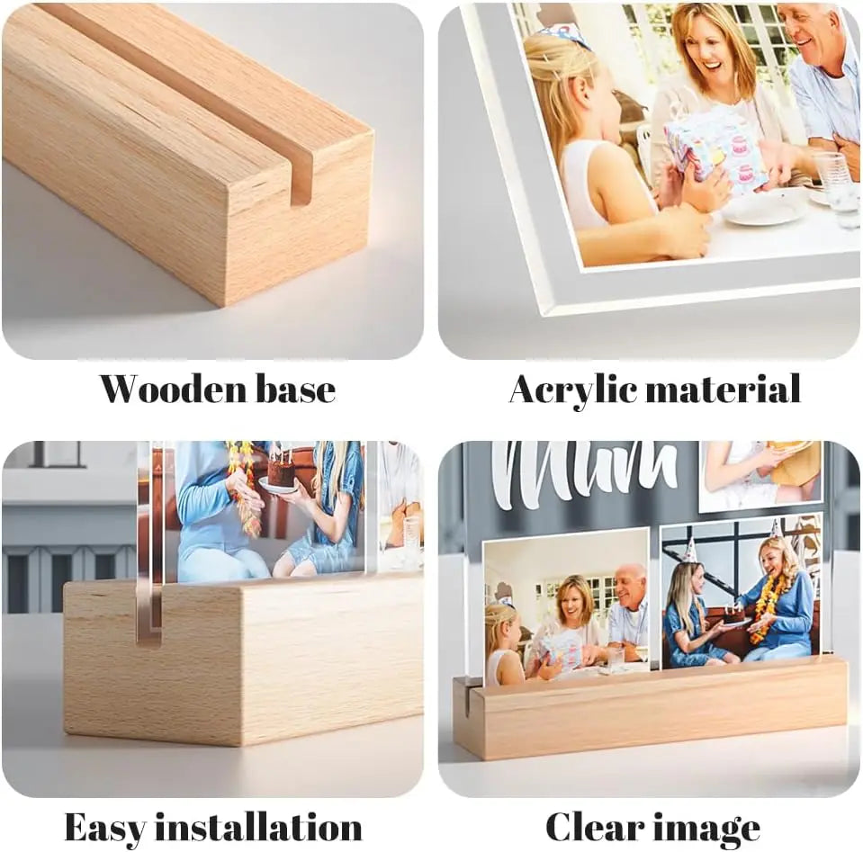 A wooden base photo frame with an acrylic material and clear image, showing easy installation and a clear picture.