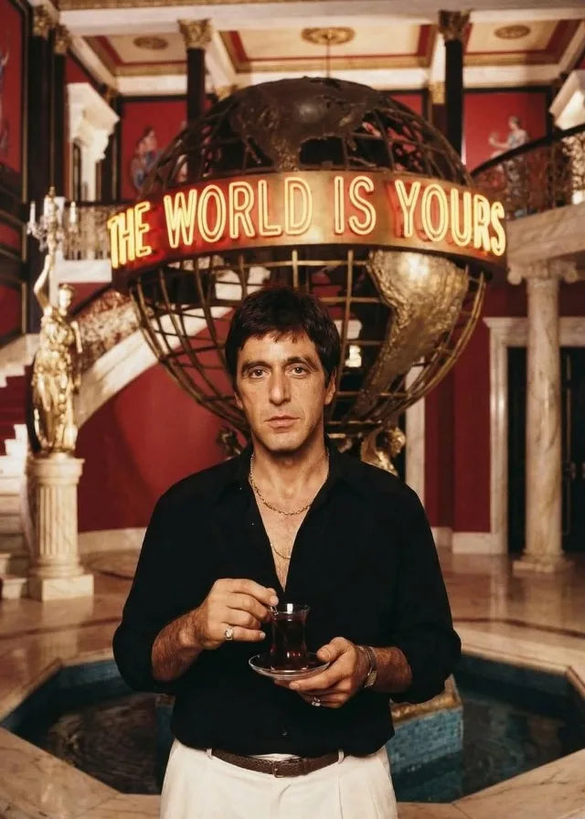 A man in a black shirt stands before a large bronze globe sculpture with the text The World Is Yours above it.