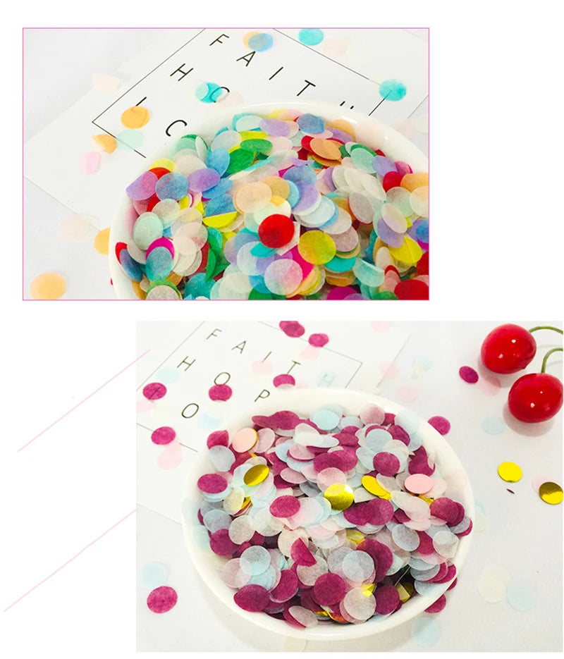 A bowl filled with multicolor paper confetti scattered on a white surface with a die showing the word FAITH.