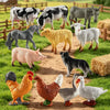 A collection of mini farm animal figurines including horses, goats, pigs, and chickens in various colors.