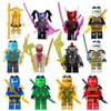 A collection of various golden ninja building block figures in different colors and styles.