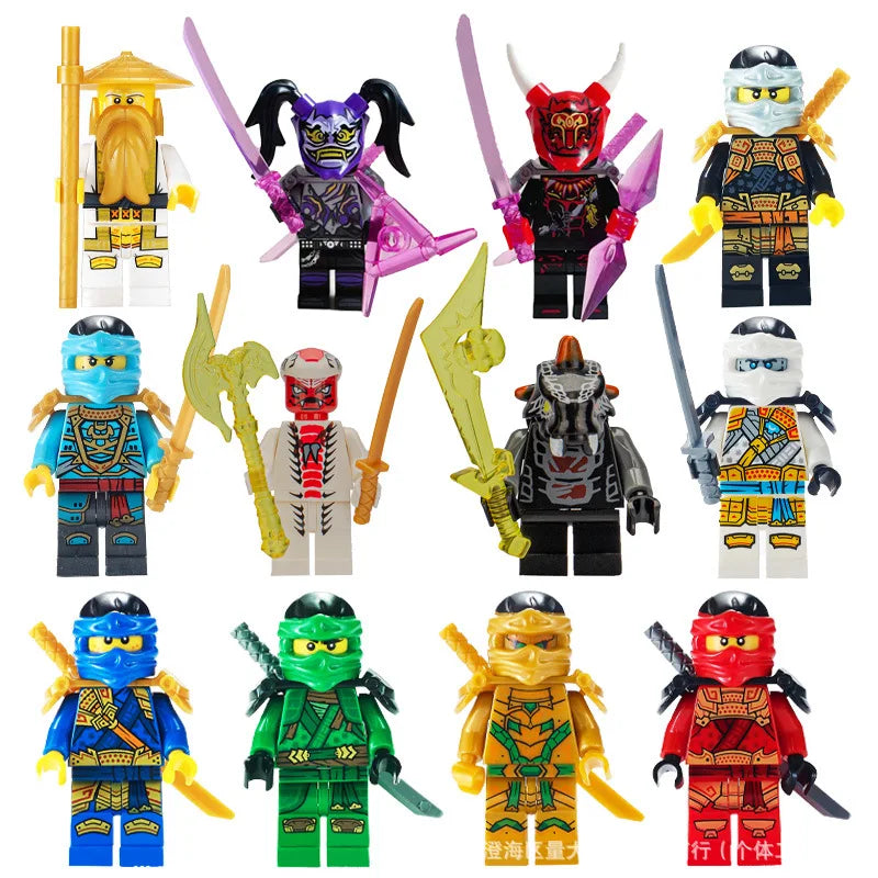 A collection of various golden ninja building block figures in different colors and styles.