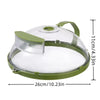 Transparent microwave splatter guard with a green rim, steam vent, and handle.