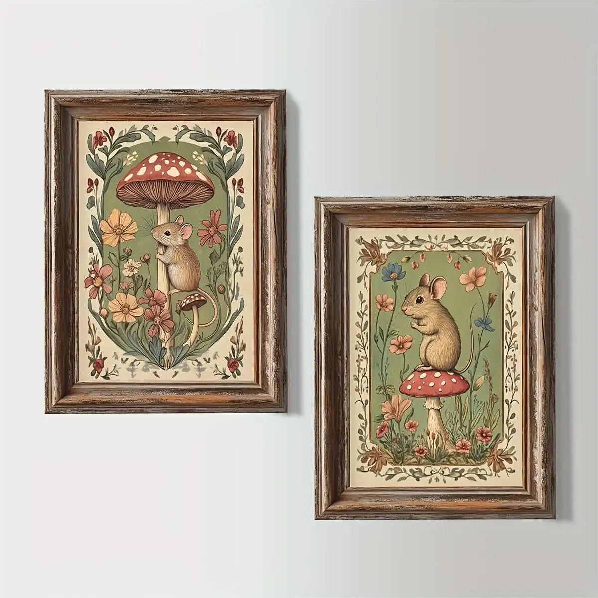 Vintage woodland mice mushroom canvas print featuring a small mouse sitting on a large toadstool surrounded by greenery