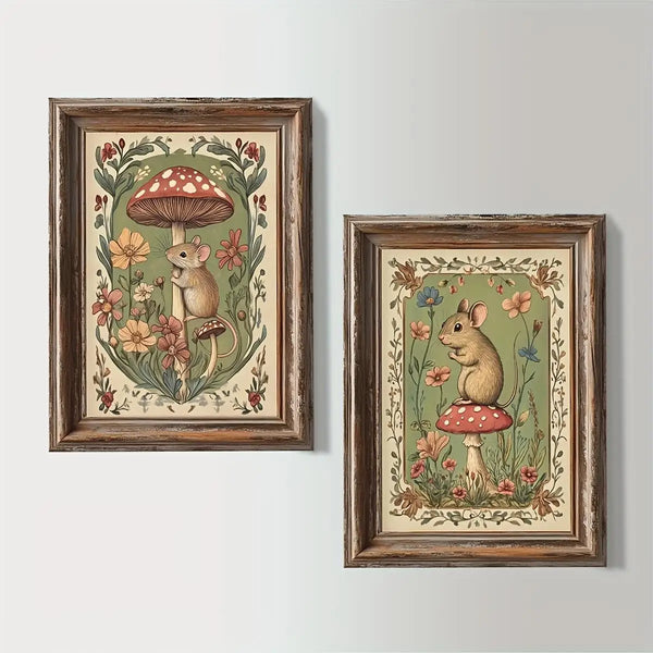 Vintage woodland mice mushroom canvas print featuring a small mouse sitting on a large toadstool surrounded by greenery