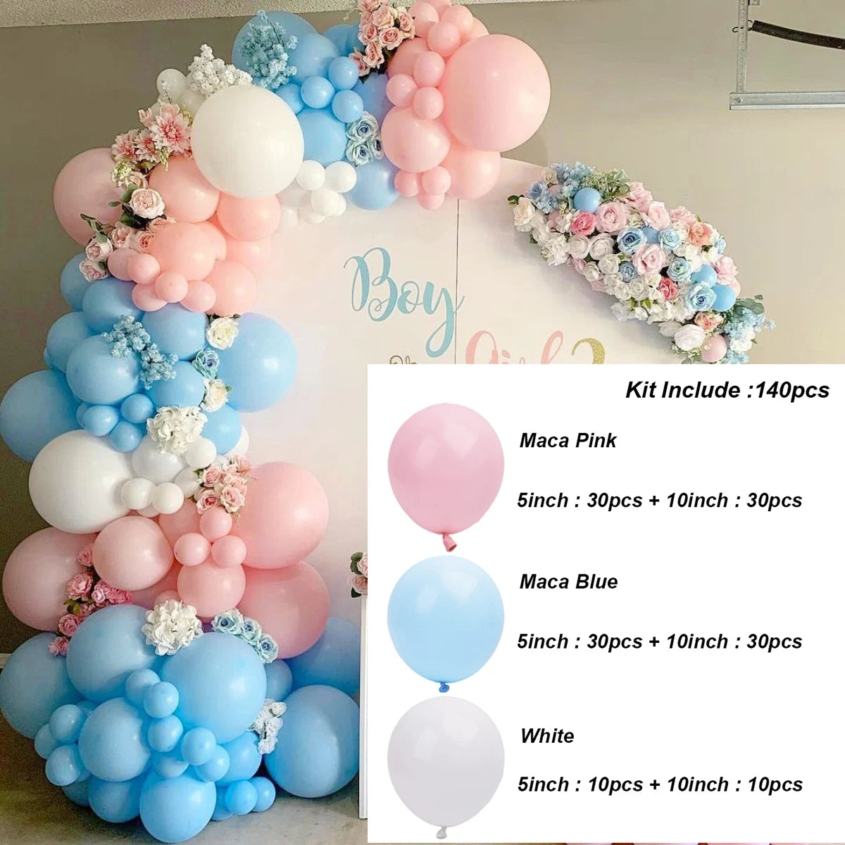 A balloon garland featuring pink and blue balloons arranged in an archway for decoration.