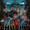 A dark, intense illustration of Chucky with glowing blue eyes surrounded by several characters.