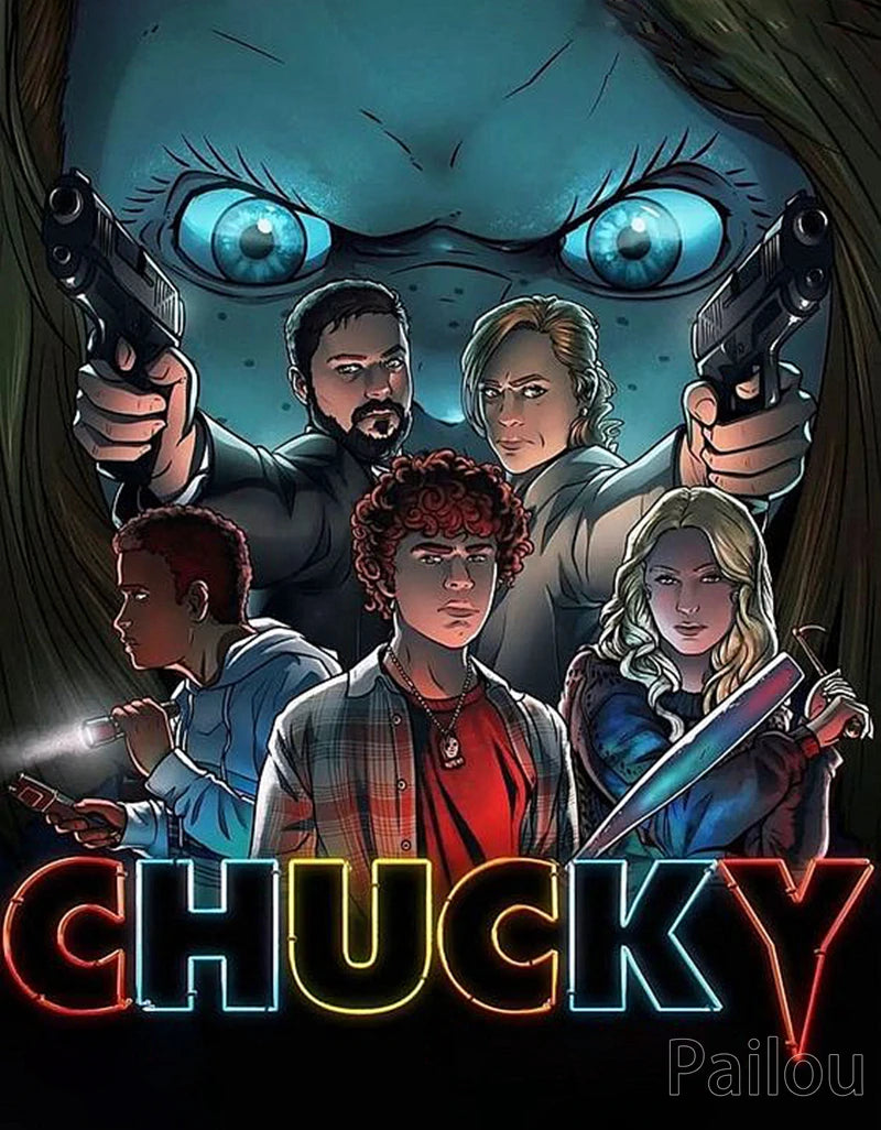 A dark, intense illustration of Chucky with glowing blue eyes surrounded by several characters.