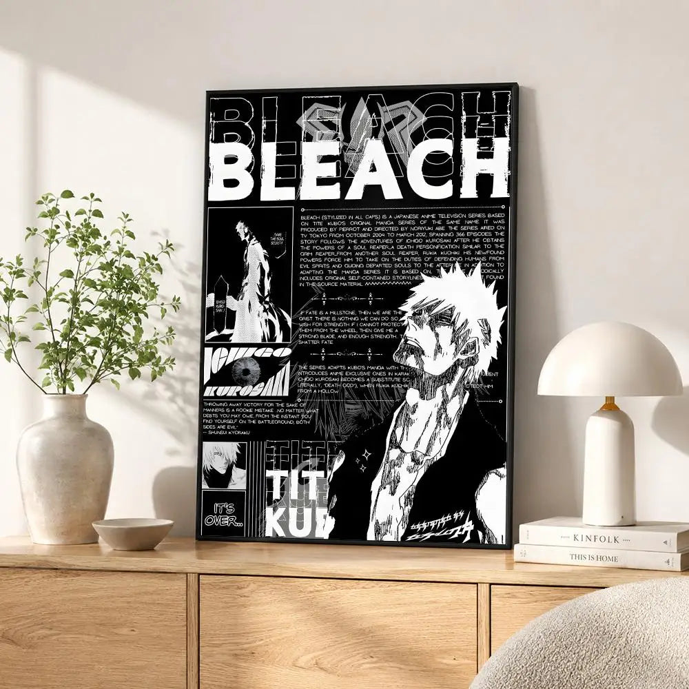 A black poster featuring the title BLEACH in white text and various anime-style character illustrations.