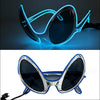 A pair of light up EL wire party glasses with a dark lens and silver frame are shown against a dark background.