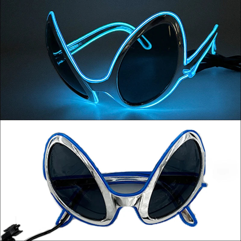A pair of light up EL wire party glasses with a dark lens and silver frame are shown against a dark background.