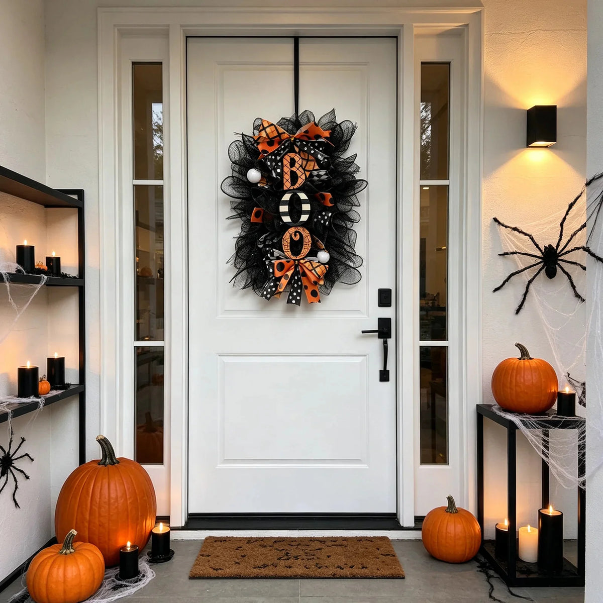 A black Halloween BOO wreath with an orange pumpkin garland hangs on a white door, decorated with spiders and candles.