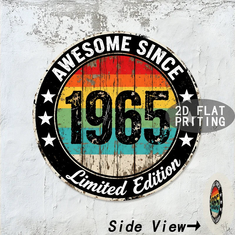 A vintage metal wall sign with the text AWESOME SINCE 1965 Limited Edition and Side View arrow on a distressed background.