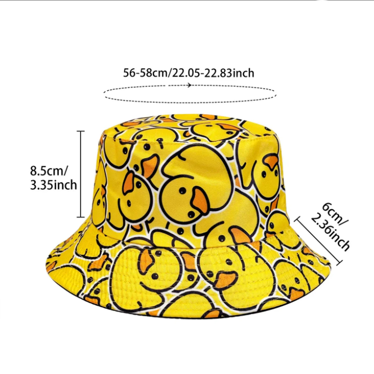 Yellow duck print reversible bucket hat with a wide brim and a crown height of 8.5 cm.