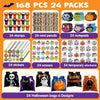 A set of Halloween stationery and trick-or-treat bags including stamps, pencils, notepads, stickers, erasers, and bags with v