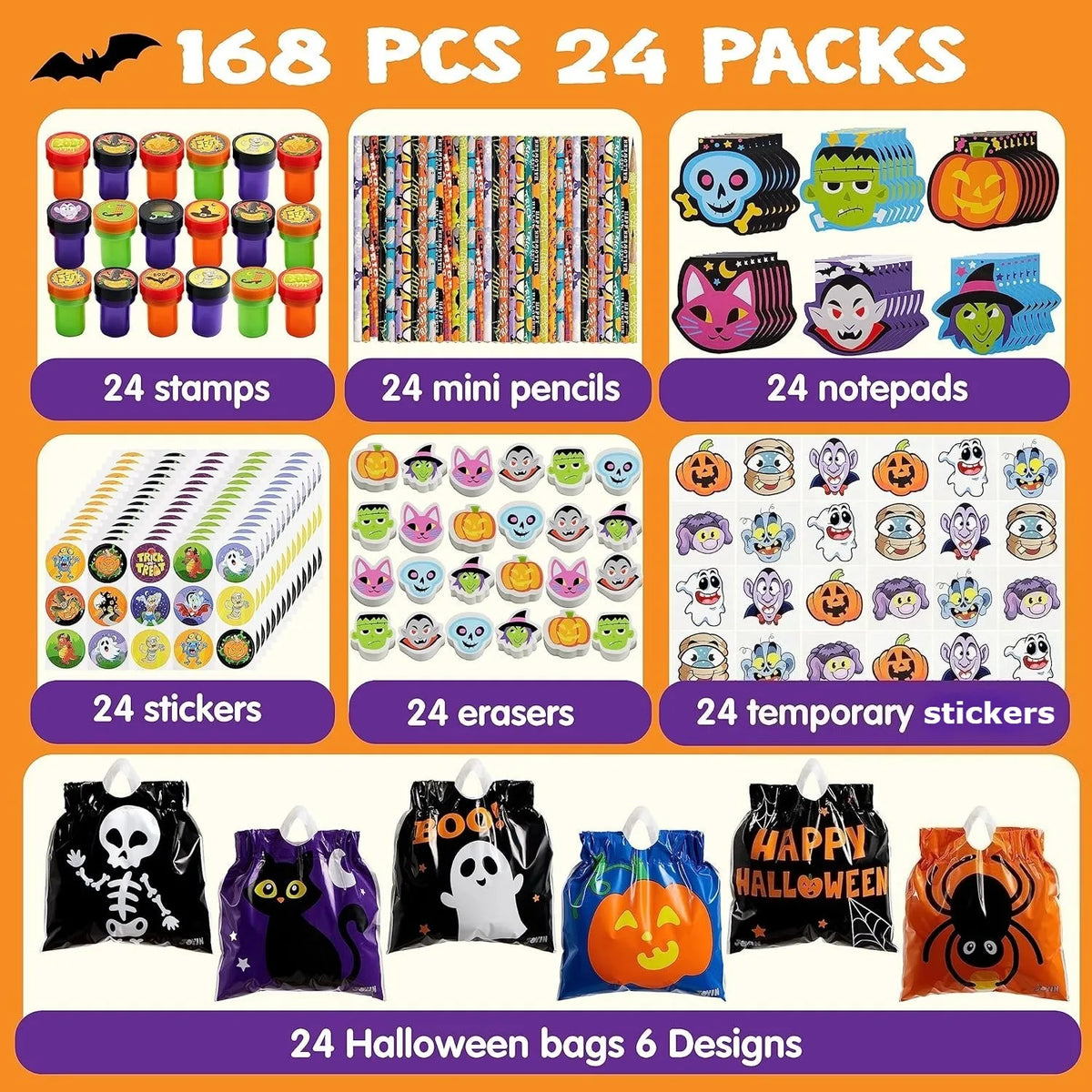 A set of Halloween stationery and trick-or-treat bags including stamps, pencils, notepads, stickers, erasers, and bags with v