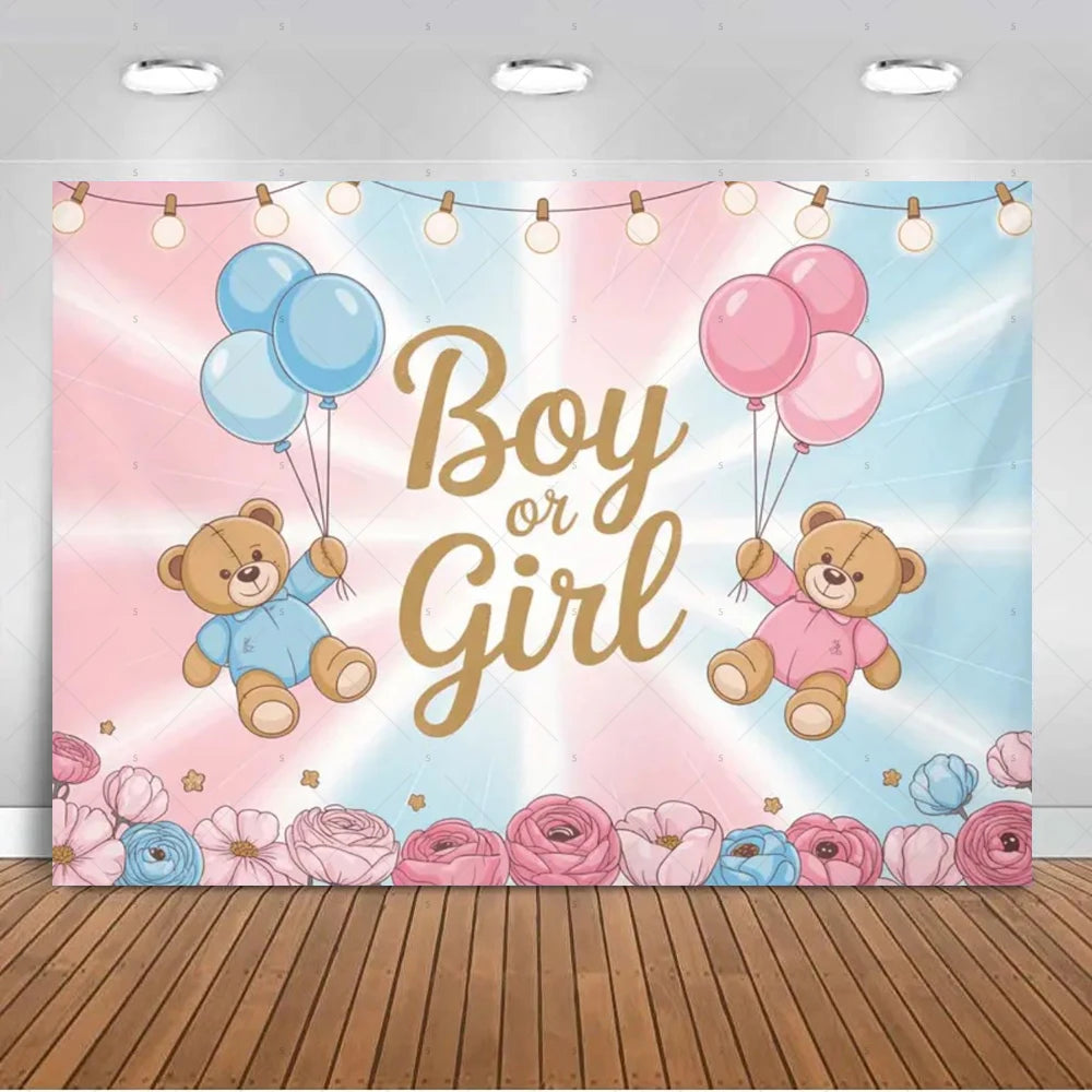 A pink and blue gender reveal backdrop featuring balloons and the text Boy or Girl