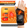 A hand is wearing a black heated wrist massager with a digital display, demonstrating three heating levels.