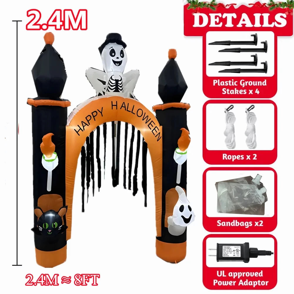 A tall inflatable Halloween decoration featuring a spooky face and a curved arch with hanging strands, complete with sandbags