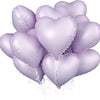 A cluster of light purple heart-shaped foil balloons floating against a white background.