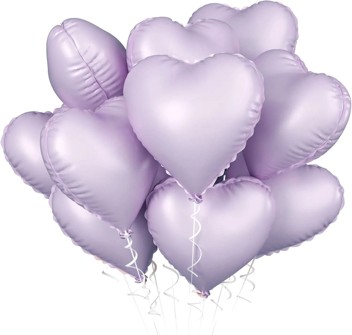 A cluster of light purple heart-shaped foil balloons floating against a white background.