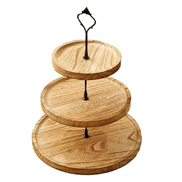 A wooden 3-tier cupcake stand with three circular layers and a black wire holder.