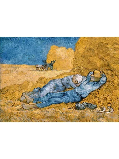 An oil painting depicting a field of golden wheat under a blue sky with figures in the distance.
