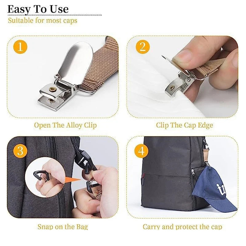 A set of metal clips used to easily open and secure a straw hat or cap on a bag.