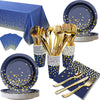 Navy blue and gold disposable party tableware set including plates, forks, and spoons